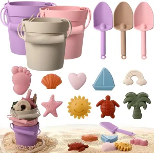 Hungdao 16 Pcs Silicone Beach Toys Travel Friendly Beach Set Colorful Toys Include 3 Silicone Bucket Pail, 3 Shovel, 9 Sand Molds, 1 Bag for Summer Pool Outdoor(Beige, Pink, Purple)