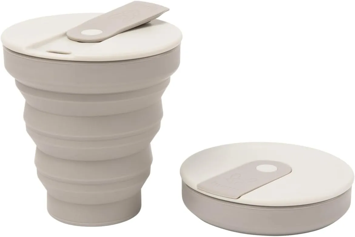HuNu Collapsible Coffee Cup with Lid - Reusable & Microwave Safe Silicone Collapsible Cup, Foldable Cup, Portable Coffee Travel Mug/Camping Cup (16OZ, Warm Grey)*Straw Sold Separately*