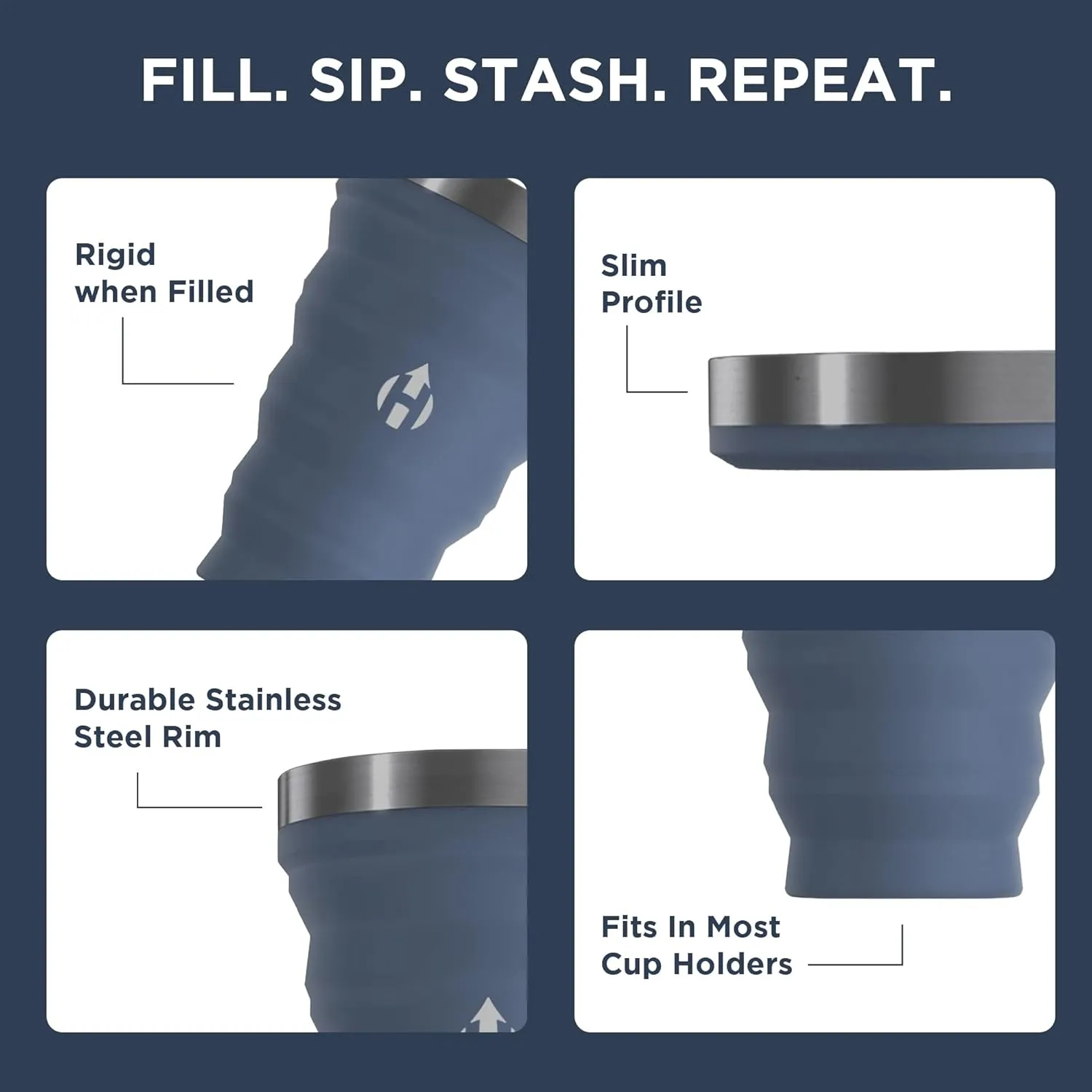HYDAWAY 16oz Collapsible Pint - BPA-Free Silicone Cup with Stainless Steel Rim - Reusable, Packable, and Durable for Camping, Travel & Everyday Use