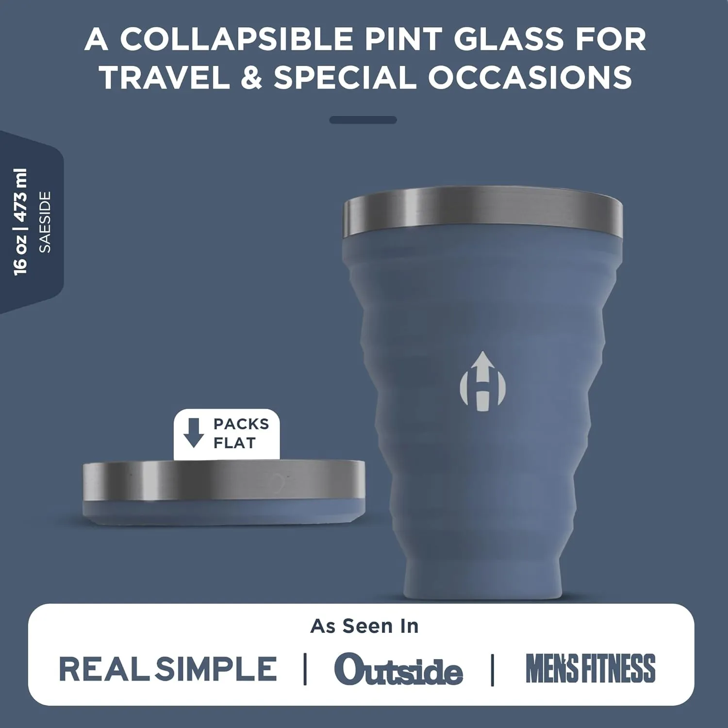 HYDAWAY 16oz Collapsible Pint - BPA-Free Silicone Cup with Stainless Steel Rim - Reusable, Packable, and Durable for Camping, Travel & Everyday Use