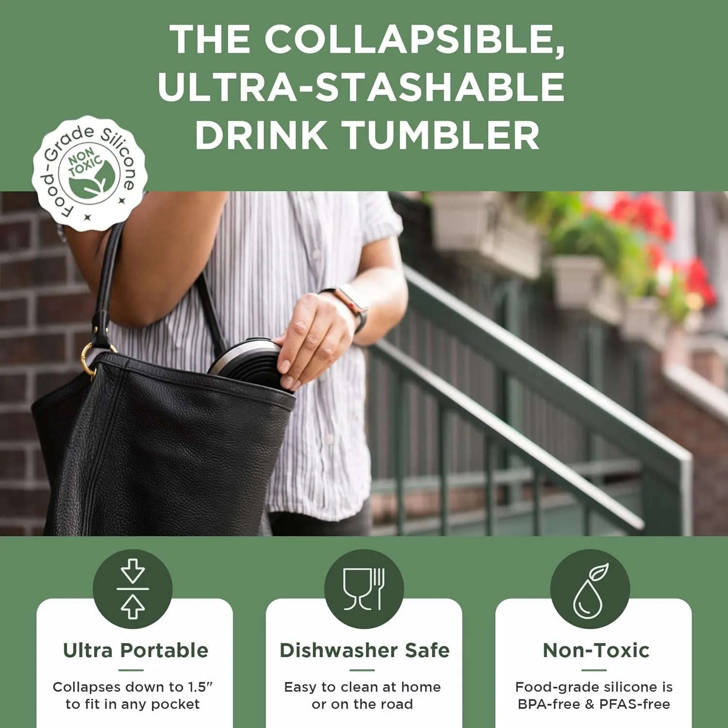 HYDAWAY Collapsible Tumbler with Lid and Straw - 16 oz I Portable, Insulated Silicone Travel Mug, Hot & Cold Foldable Cup for Coffee, Tea, Camping & Backpacking, Spill Proof Lid & Steel Rim