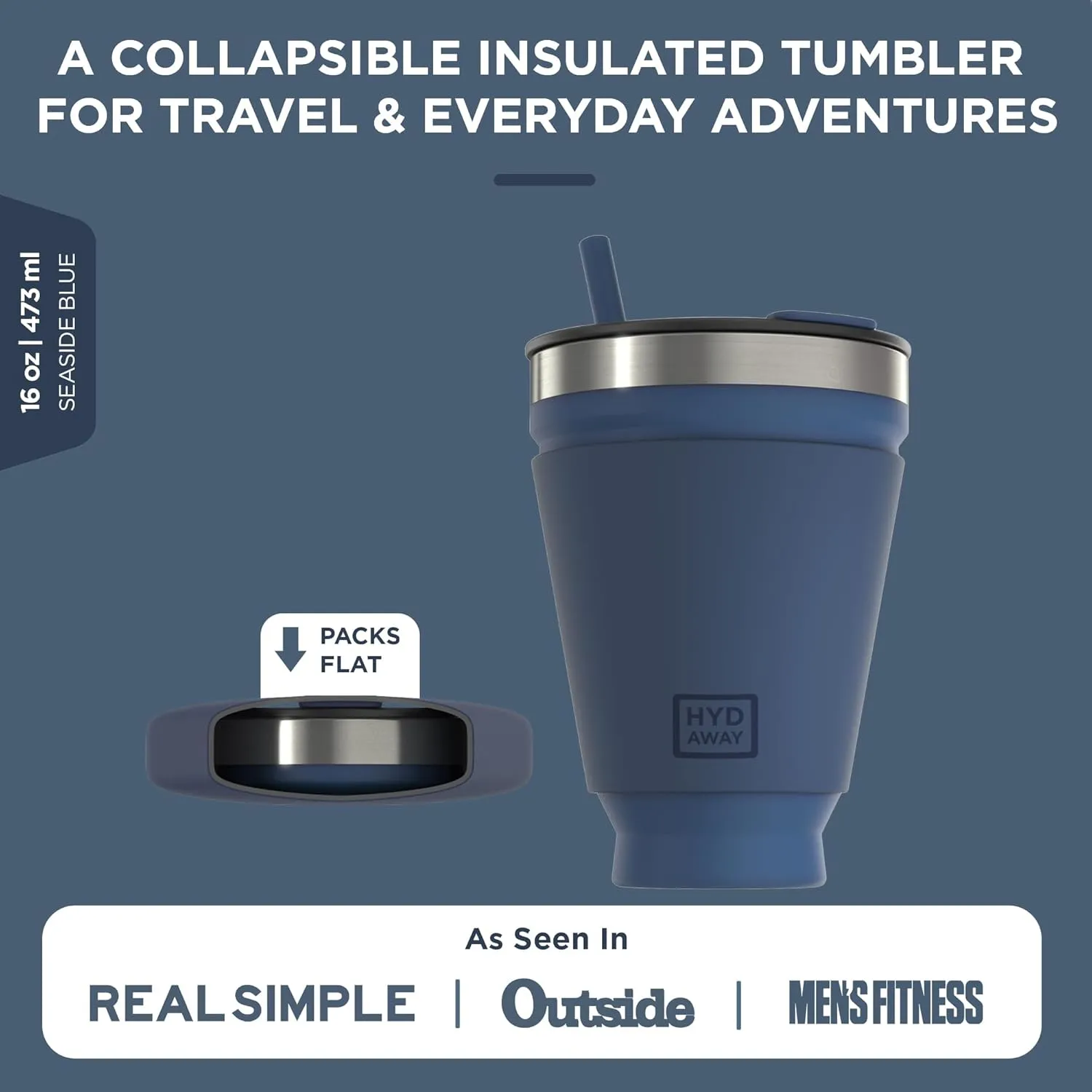 HYDAWAY Collapsible Tumbler with Lid and Straw - 16 oz I Portable, Insulated Silicone Travel Mug, Hot & Cold Foldable Cup for Coffee, Tea, Camping & Backpacking, Spill Proof Lid & Steel Rim