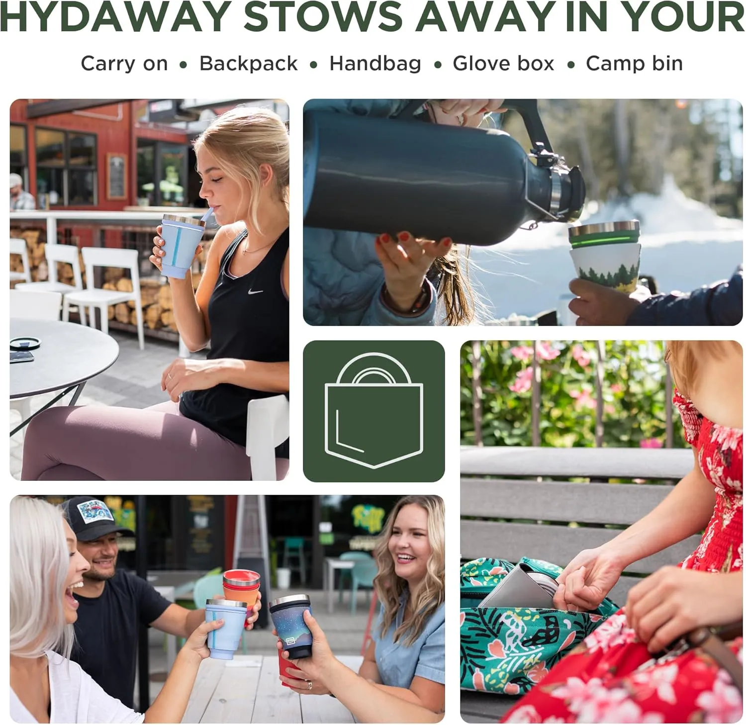 HYDAWAY Collapsible Tumbler with Lid and Straw - 16 oz I Portable, Insulated Silicone Travel Mug, Hot & Cold Foldable Cup for Coffee, Tea, Camping & Backpacking, Spill Proof Lid & Steel Rim