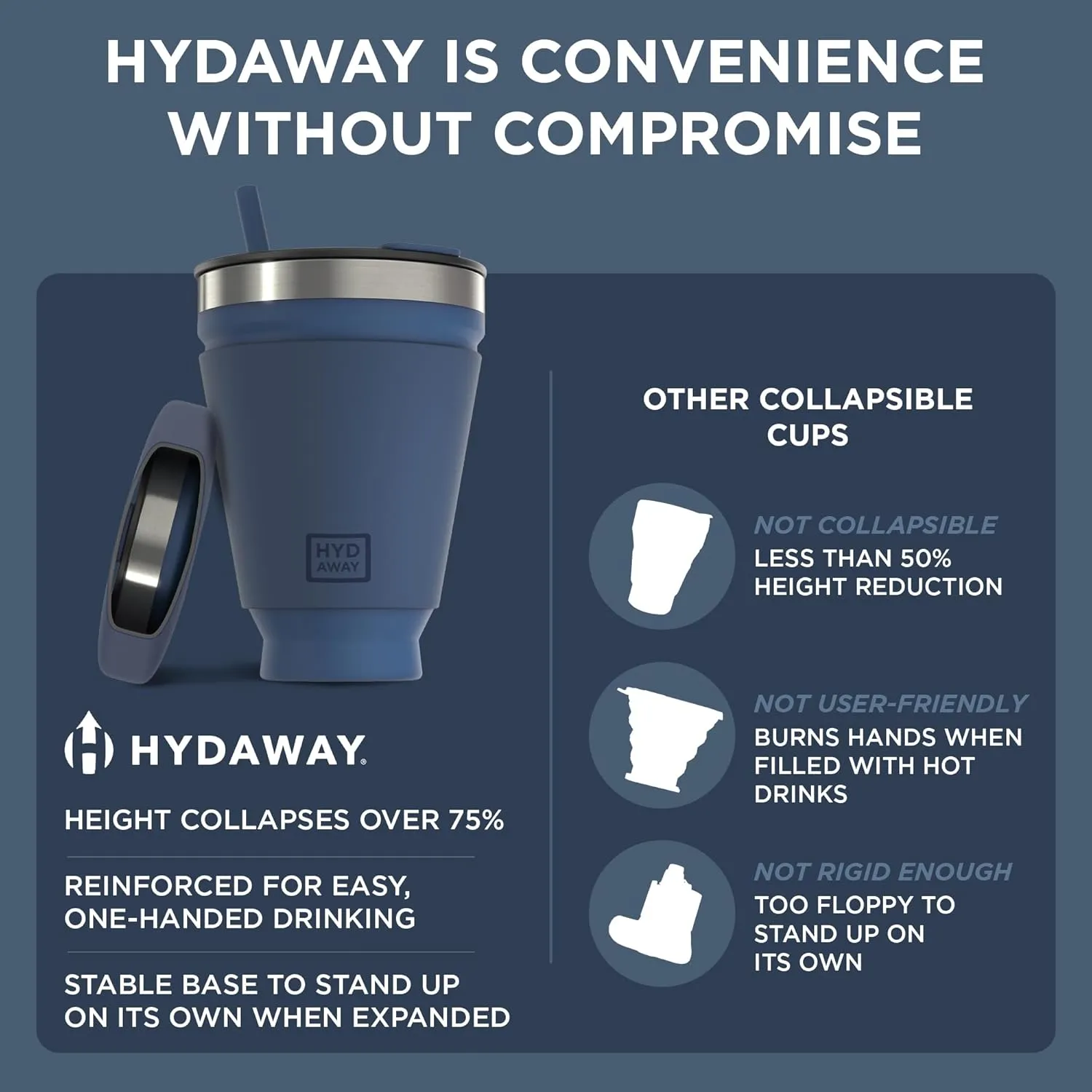 HYDAWAY Collapsible Tumbler with Lid and Straw - 16 oz I Portable, Insulated Silicone Travel Mug, Hot & Cold Foldable Cup for Coffee, Tea, Camping & Backpacking, Spill Proof Lid & Steel Rim