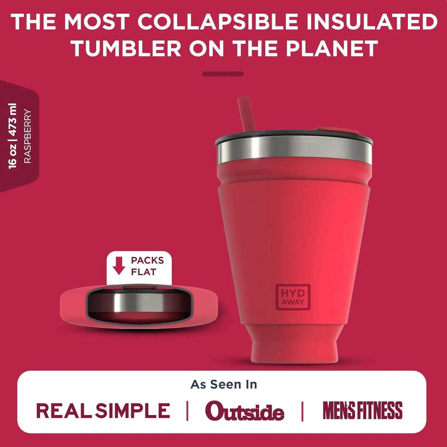 HYDAWAY Collapsible Tumbler with Lid and Straw - 16 oz I Portable, Insulated Silicone Travel Mug, Hot & Cold Foldable Cup for Coffee, Tea, Camping & Backpacking, Spill Proof Lid & Steel Rim