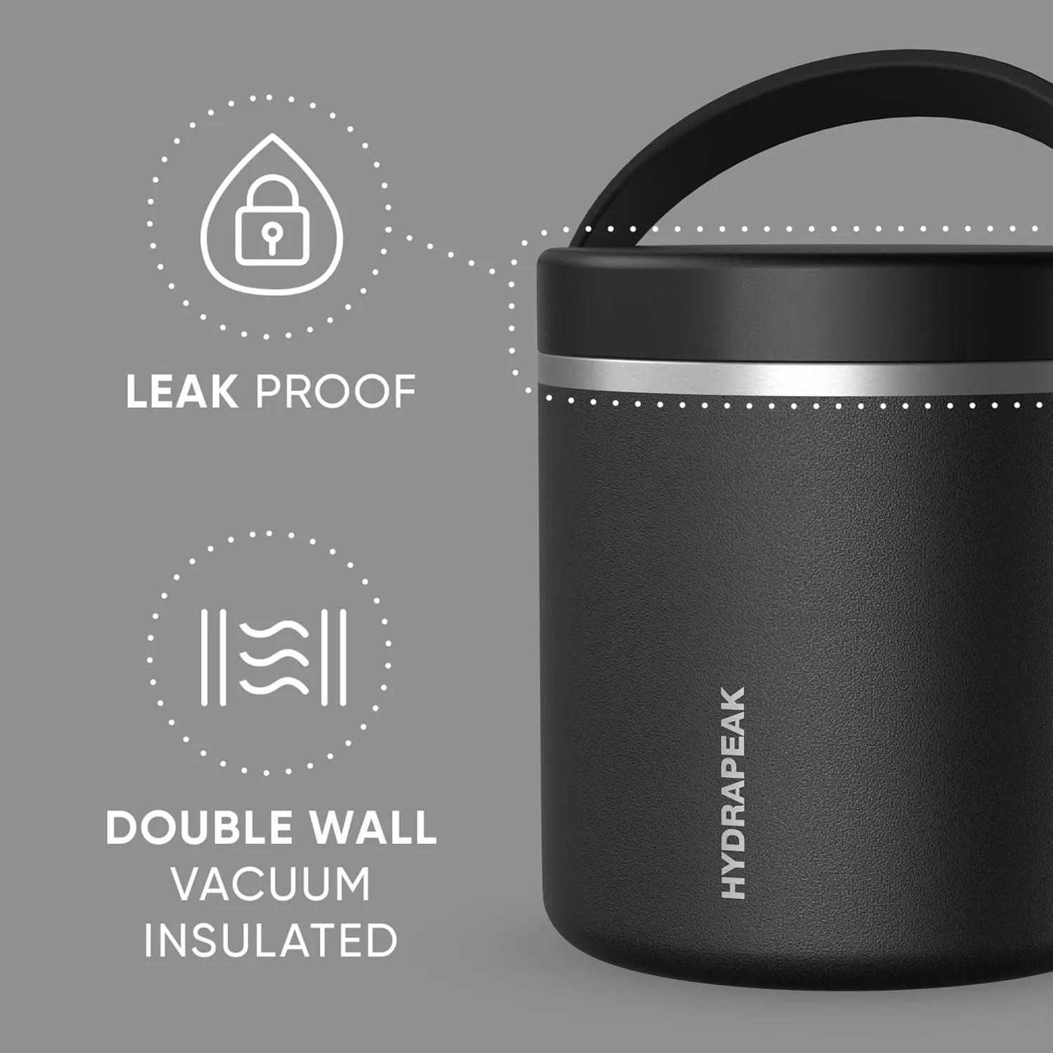 Hydrapeak 25oz Stainless Steel Vacuum Insulated Thermos Food Jar | Thermos for Hot Food and Cold Food, Wide Mouth Leak-Proof Soup Thermos for Adults, 10 Hours Hot and 16 Hours Cold (Black)