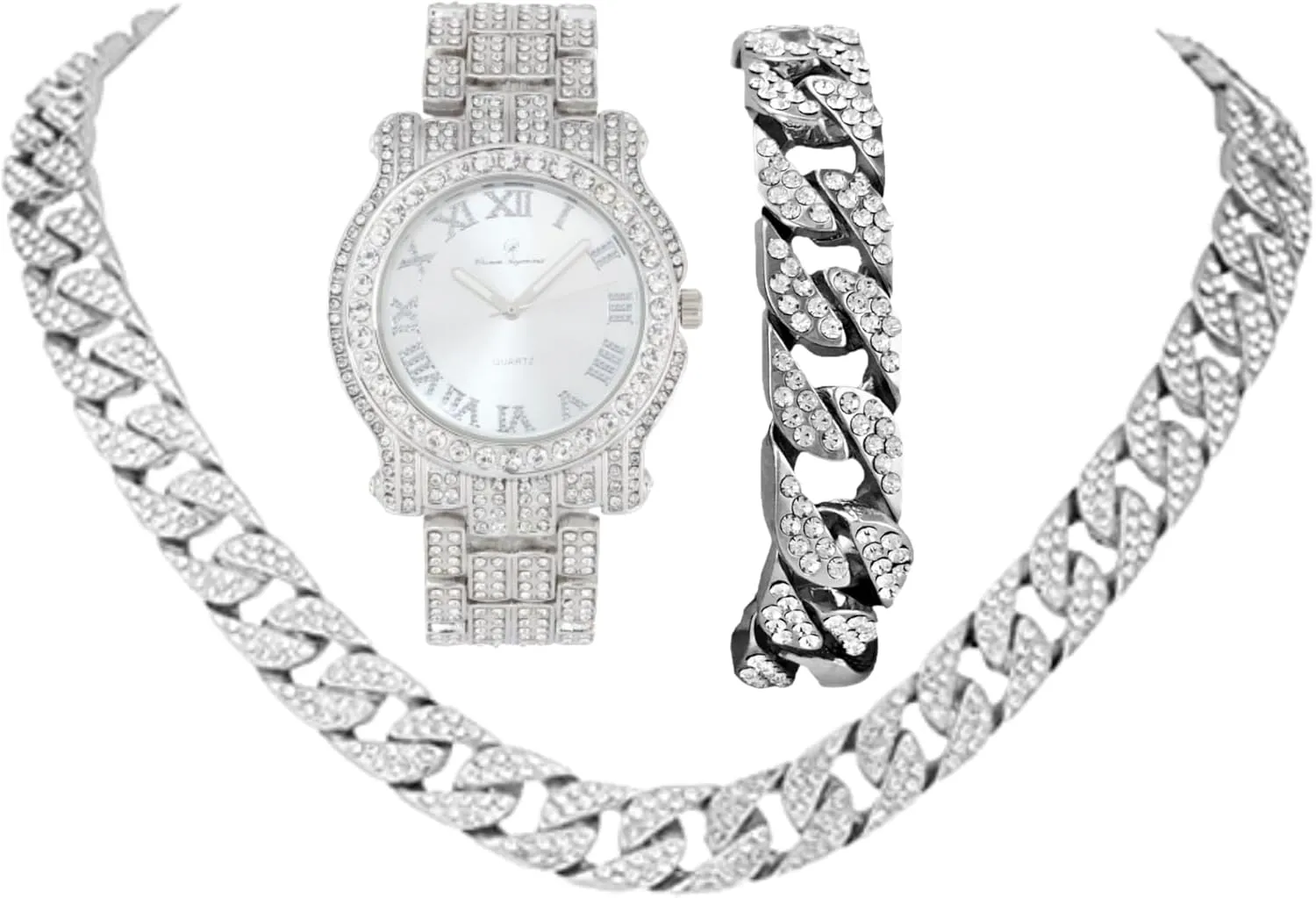 Ice on Blast! Bling'ed Out Hip Hop Rolly Looks w/Ice on Watch & Jewelry -Your Choice of Matching Zig Zag Bling'ed Out Necklace Set or Necklace & Bracelet Set - ZZ Sets