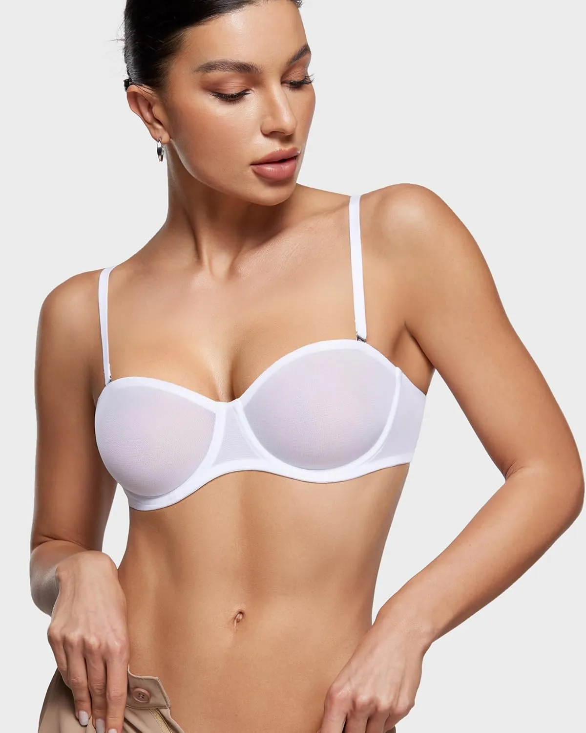 INLYRIC Women's Sheer Strapless Bras Mesh Sexy Unlined Plus Size See Through Bra Underwire Demi Mesh Non Padded