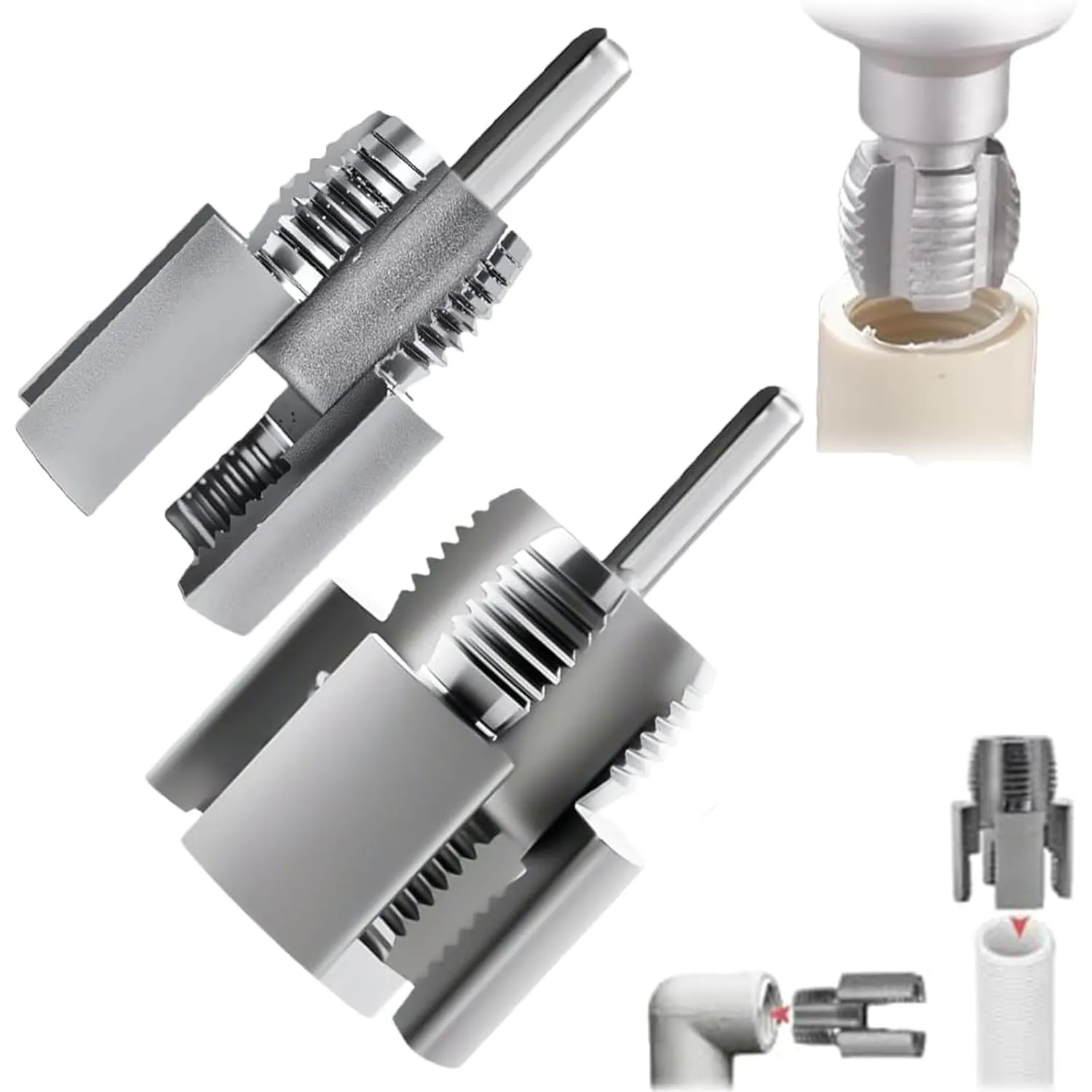 Integrated Internal & External Pipe Threading Tool, Dual-Function Pipe Thread Cutting Tool, 1/2'' 3/4'' 1'' Dies, Electric Drill Compatible PVC & Plastic Pipe Threader Kit for Home Repair (2PCS All)