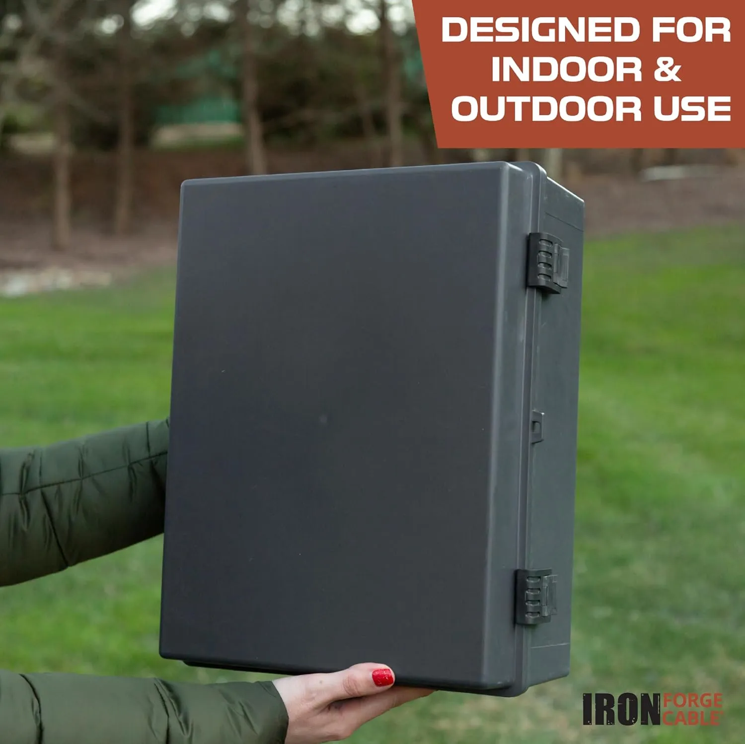 Iron Forge Cable Waterproof Junction Box Extra Large - Outdoor Enclosure with Accessories, Hinged Black Panel Cover - IP65, 16" x 12" x 7.2" Inch