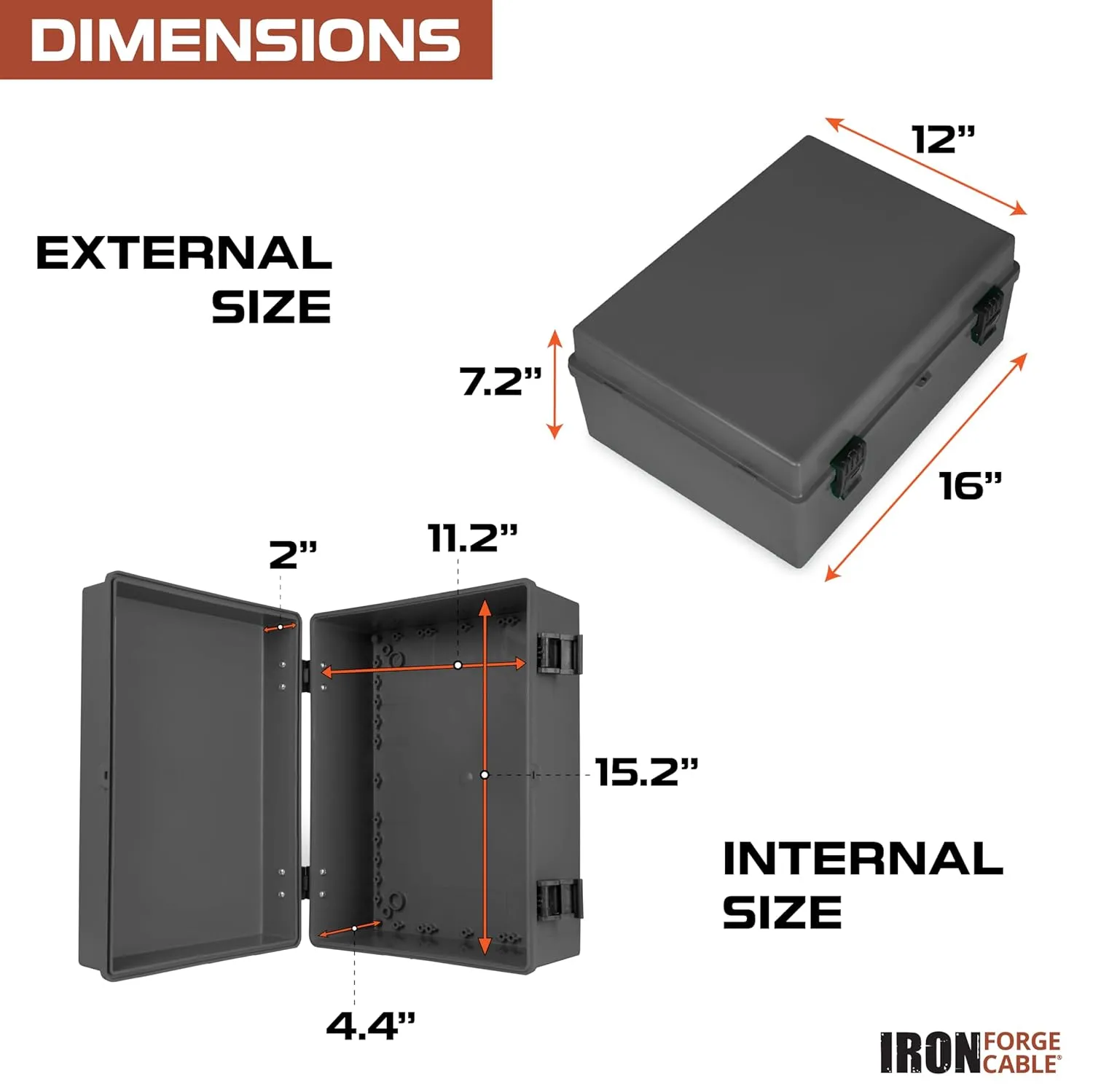 Iron Forge Cable Waterproof Junction Box Extra Large - Outdoor Enclosure with Accessories, Hinged Black Panel Cover - IP65, 16" x 12" x 7.2" Inch