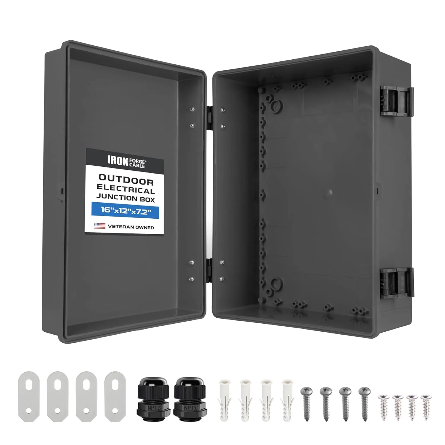 Iron Forge Cable Waterproof Junction Box Extra Large - Outdoor Enclosure with Accessories, Hinged Black Panel Cover - IP65, 16" x 12" x 7.2" Inch