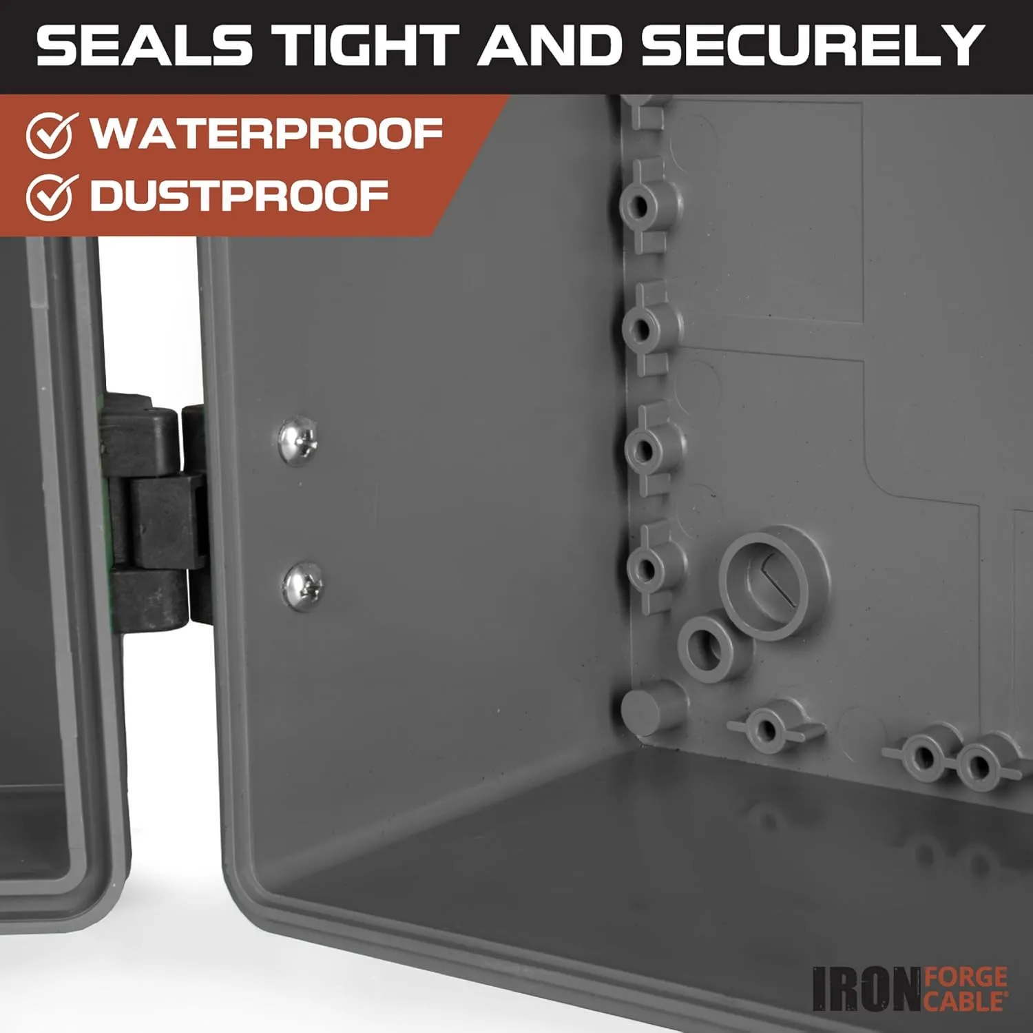 Iron Forge Cable Waterproof Junction Box Extra Large - Outdoor Enclosure with Accessories, Hinged Black Panel Cover - IP65, 16" x 12" x 7.2" Inch