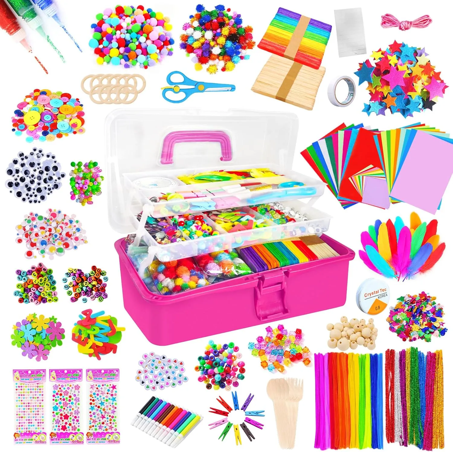 Itopstar 3000  Kids Arts & Crafts Supplies for Girls - Ultimate Crafting Set in Portable 3-Layered Plastic Art Box - All-in-One DIY Art Supplies for Girls 8-12