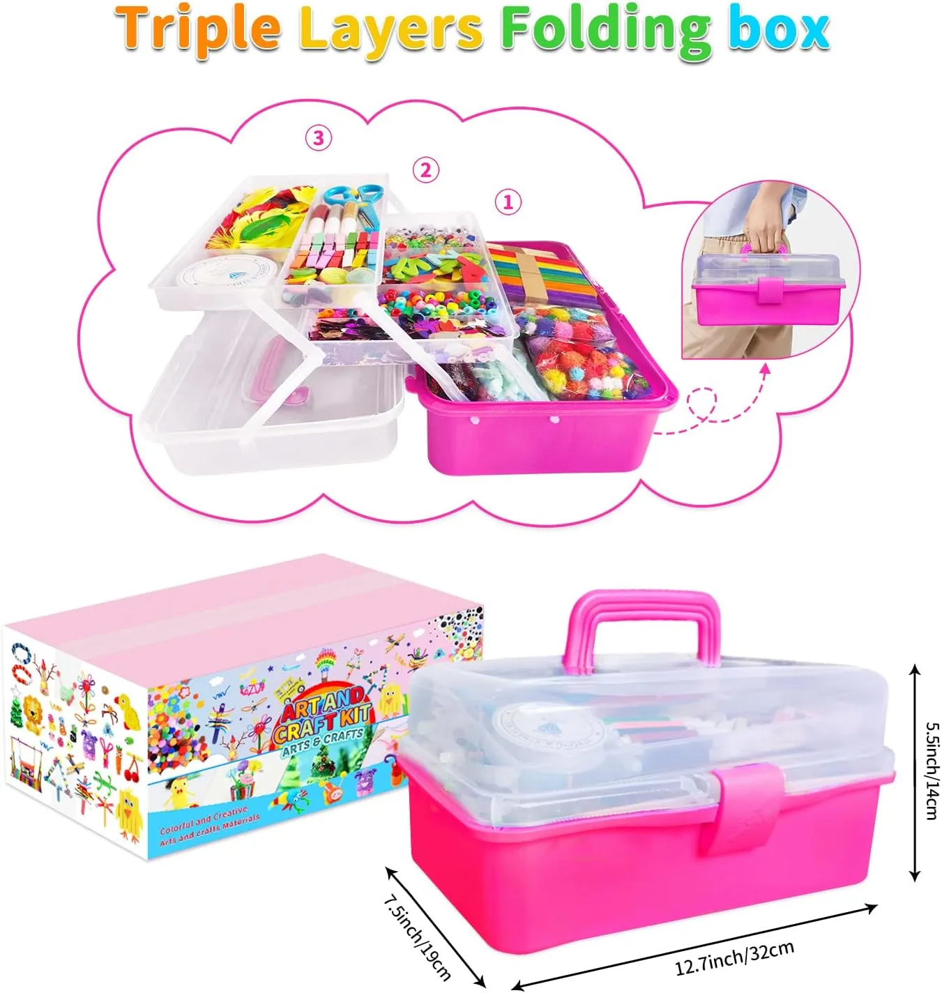 Itopstar 3000  Kids Arts & Crafts Supplies for Girls - Ultimate Crafting Set in Portable 3-Layered Plastic Art Box - All-in-One DIY Art Supplies for Girls 8-12