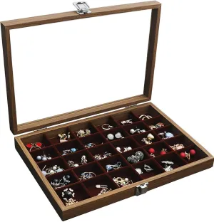 Jewelry Box, Wooden Jewelry Organizer Box with Clear Glass Lid Jewelry Holder Organizer Velvet Jewelry Storage Case for Women Earrings Rings Necklaces Bracelet Watch D(K) (A)