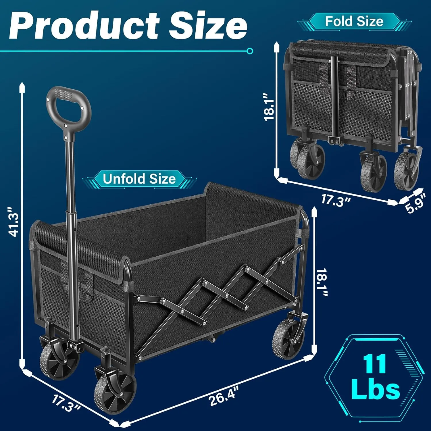 JINIHFW Wagons Carts Foldable,Collapsible Folding Wagon,Portable Folding Wagon Cart with Wheels, Outdoor Utility Carts for Groceries, Shopping, Camping, Sports,Fishing, Garden,Black