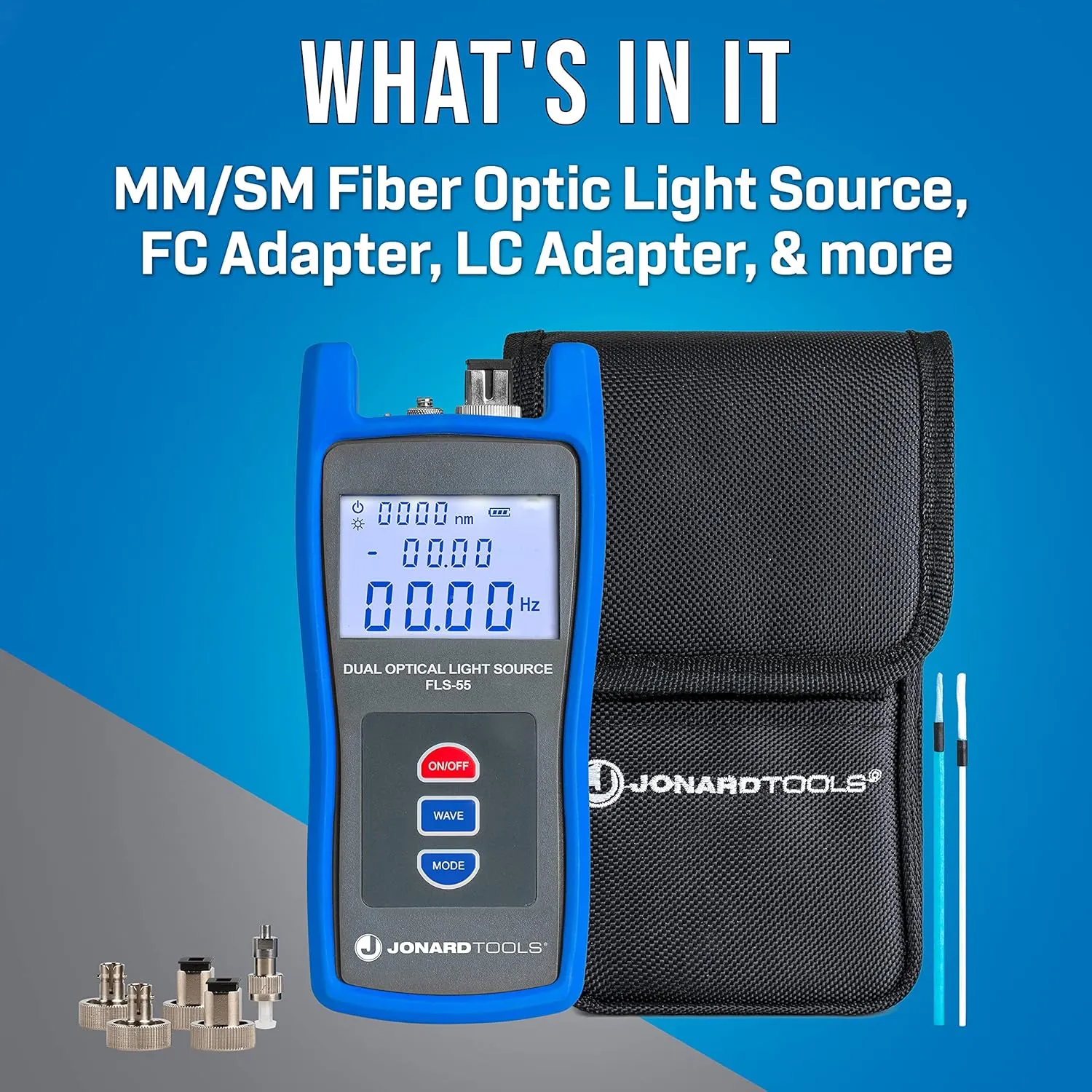 Jonard Tools FLS-55 Multi-Mode & Single-Mode Fiber Optic Light Source with FC/LC/SC (PC/UPC) Adapters