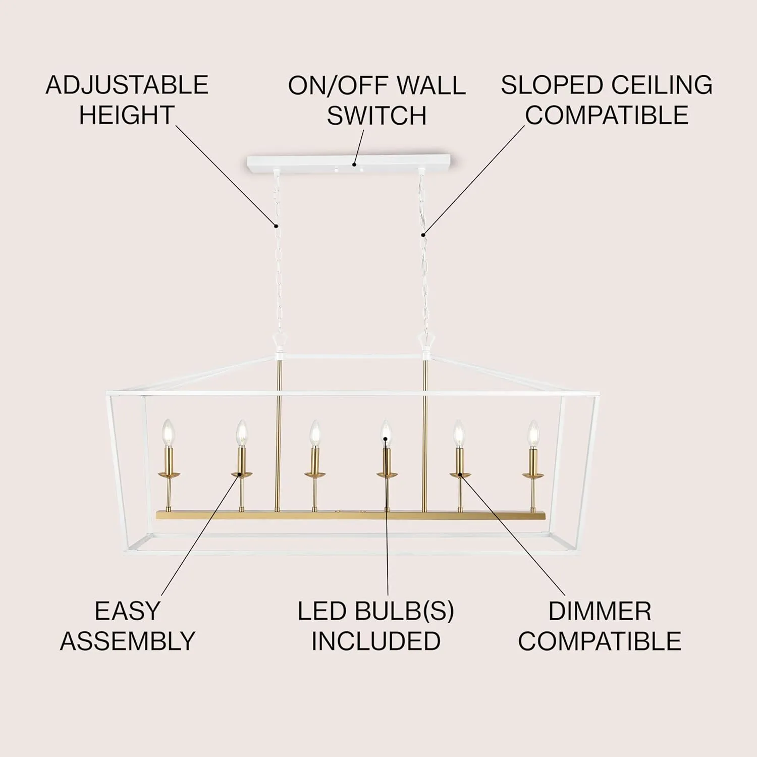JONATHAN Y JYL7439E Pagoda 49" 6 Light Linear Classic Traditional Metal LED Pendant Farmhouse Dining Room Living Room Kitchen Foyer Bedroom Hallway, 49 in, White/Brass Gold