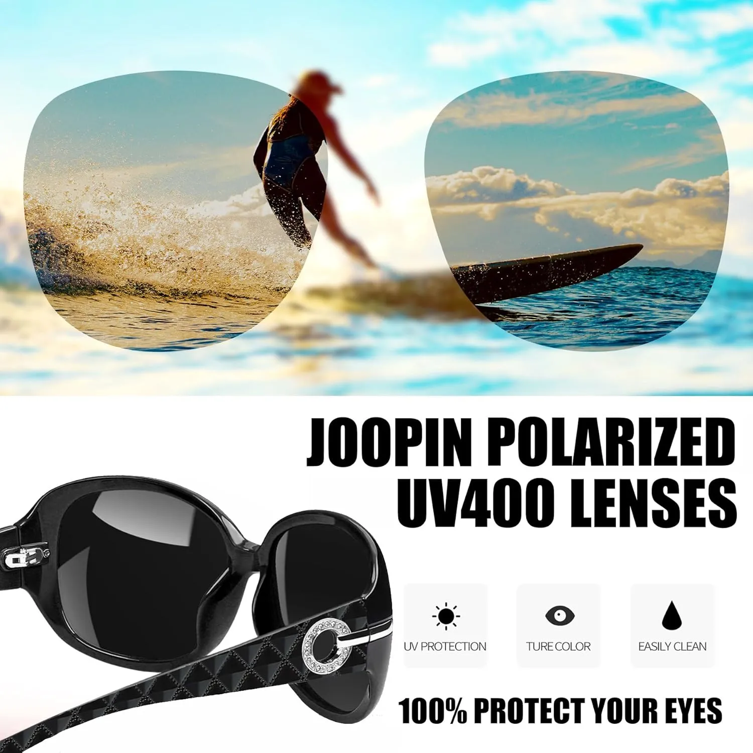 Joopin Big Womens Sunglasses Polarized Trendy Sun Glasses Large Rectangle UV Protection Rhinestone Sunnies
