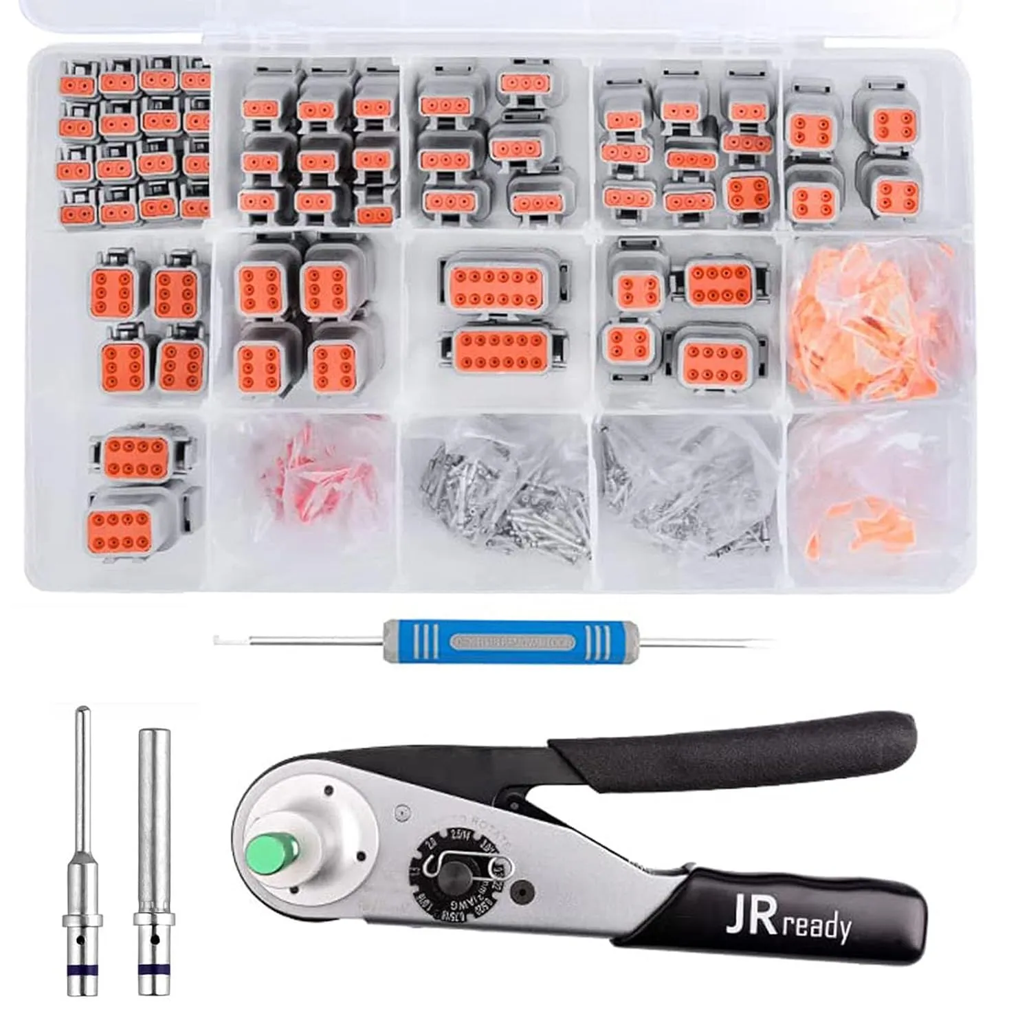 JRready ST6307-1 Deutsch DTM Connector Kit 2 3 4 6 8 12 Pin, DTM Connectors with Crimper ACT-M202, Size 20 Solid Contacts Crimp Wire Gauge 16-22AWG,7.5A