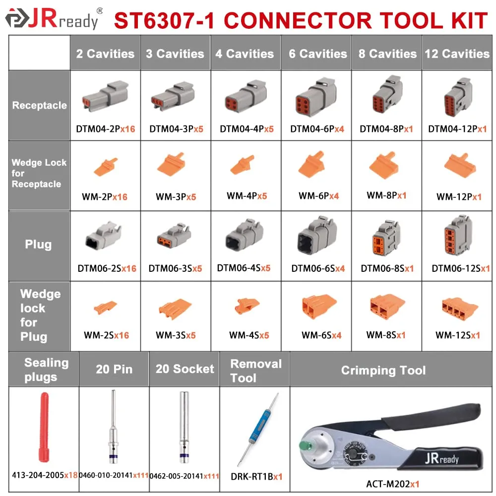 JRready ST6307-1 Deutsch DTM Connector Kit 2 3 4 6 8 12 Pin, DTM Connectors with Crimper ACT-M202, Size 20 Solid Contacts Crimp Wire Gauge 16-22AWG,7.5A