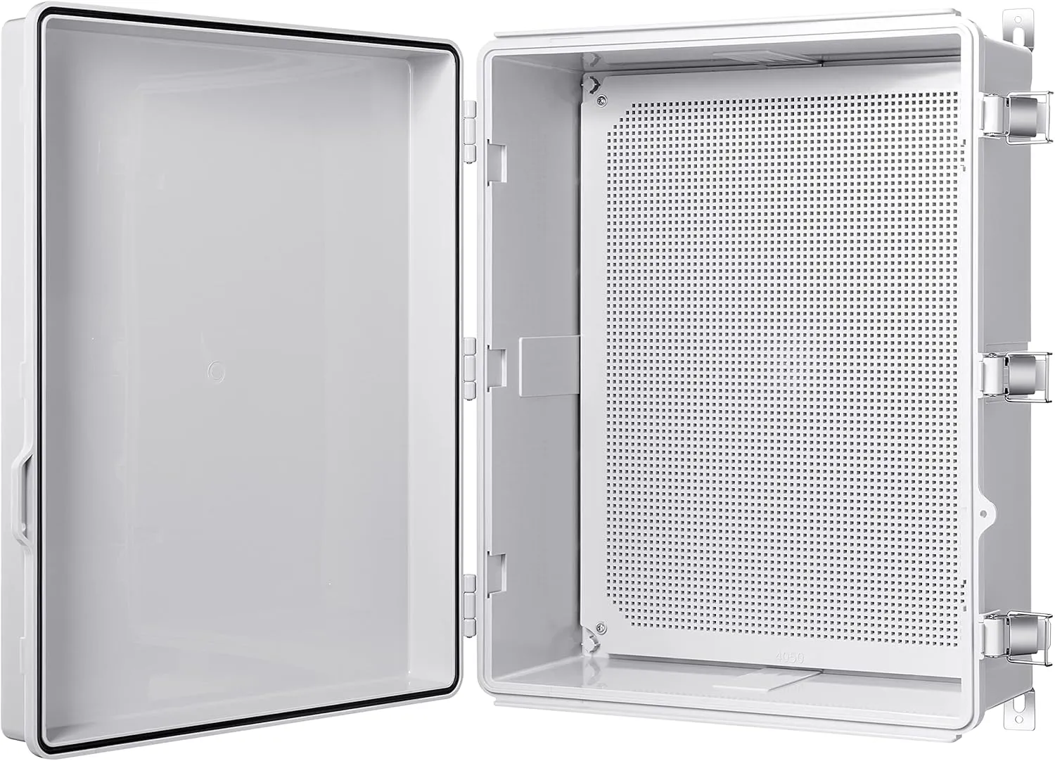 Junction Box, IP67 Waterproof Plastic Enclosure for Electrical Project, Hinged Grey Cover, Includes Mounting Plate and Wall Bracket 510×410×200mm (20"×16.1"×7.9")