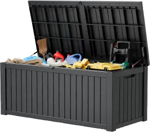 KAMABOKO Outdoor Storage Box, 150 Gallon Large Outdoor Resin Deck Box, Storage Waterproof Boxes Lockable Lid for Garden Tools, Pool Supplies, Patio Furniture and Cushions, Black