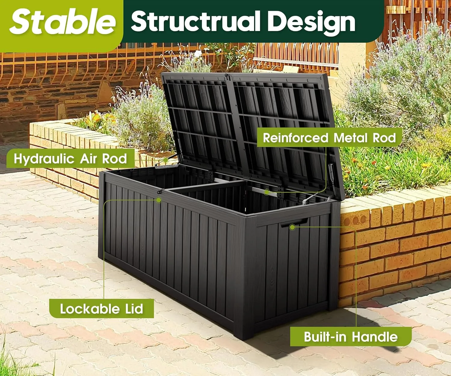 KAMABOKO Outdoor Storage Box, 150 Gallon Large Outdoor Resin Deck Box, Storage Waterproof Boxes Lockable Lid for Garden Tools, Pool Supplies, Patio Furniture and Cushions, Black