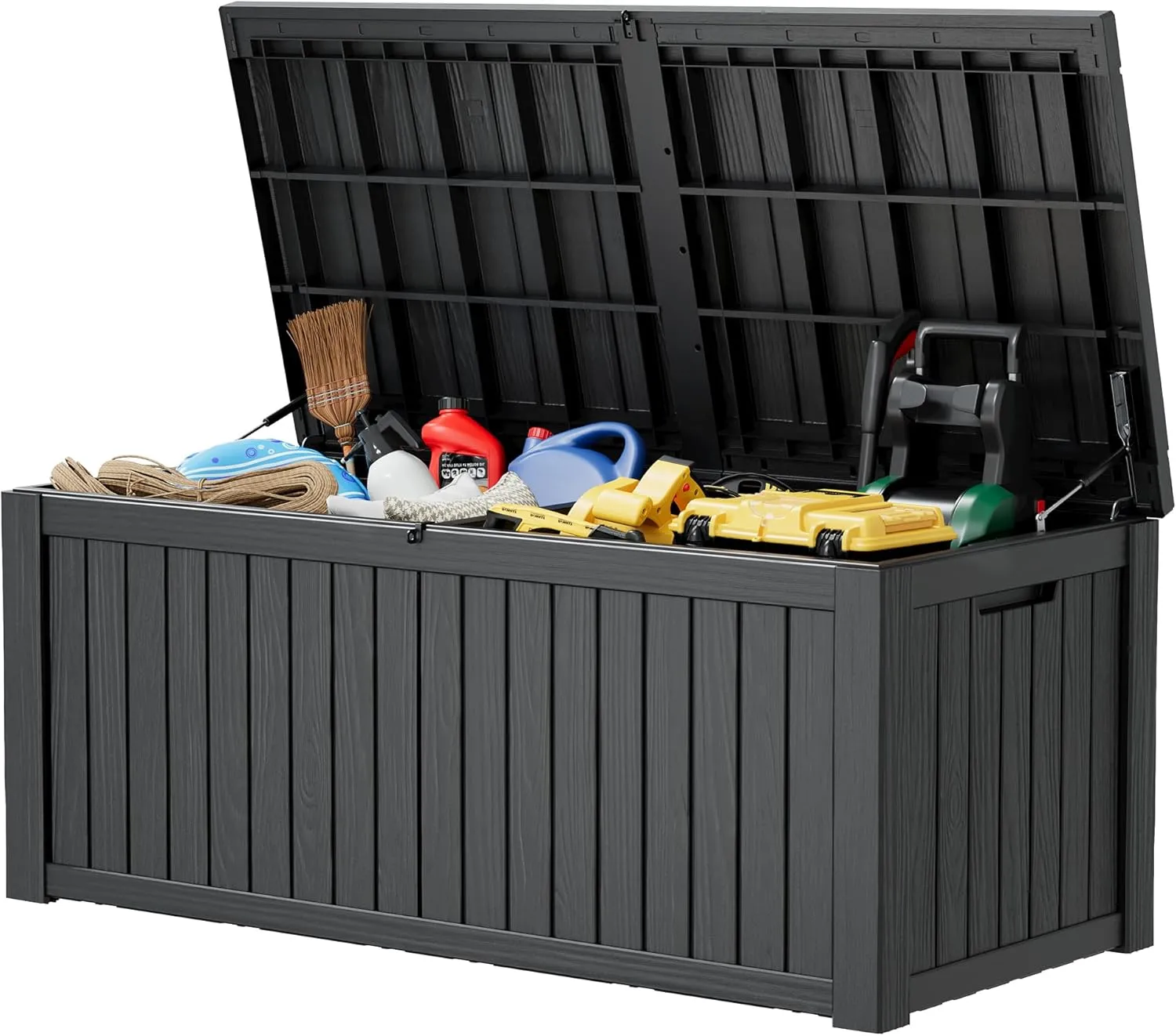 KAMABOKO Outdoor Storage Box, 150 Gallon Large Outdoor Resin Deck Box, Storage Waterproof Boxes Lockable Lid for Garden Tools, Pool Supplies, Patio Furniture and Cushions, Black