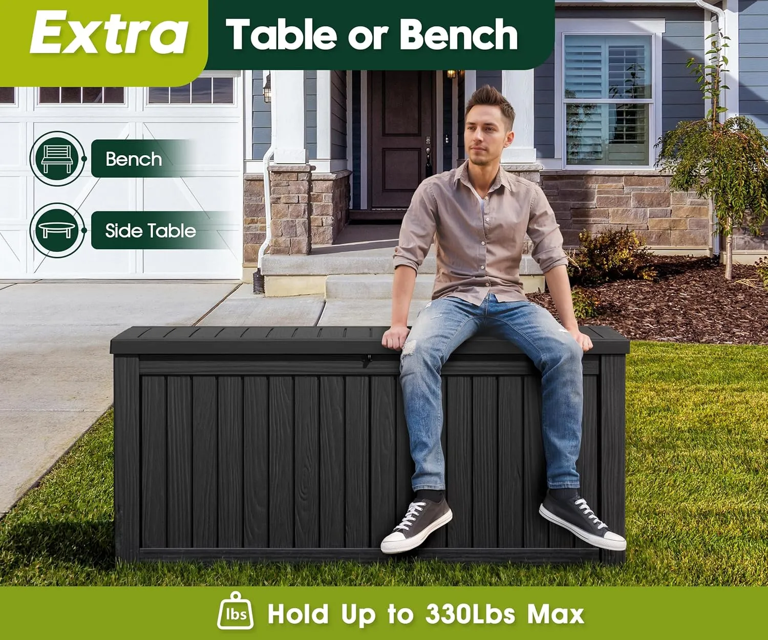 KAMABOKO Outdoor Storage Box, 150 Gallon Large Outdoor Resin Deck Box, Storage Waterproof Boxes Lockable Lid for Garden Tools, Pool Supplies, Patio Furniture and Cushions, Black