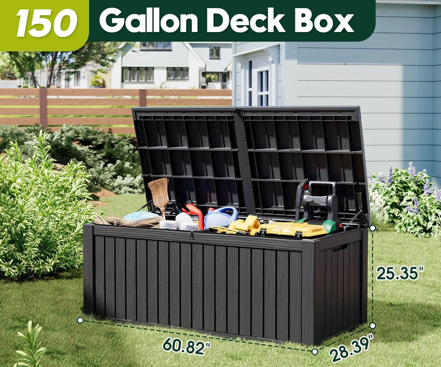 KAMABOKO Outdoor Storage Box, 150 Gallon Large Outdoor Resin Deck Box, Storage Waterproof Boxes Lockable Lid for Garden Tools, Pool Supplies, Patio Furniture and Cushions, Black