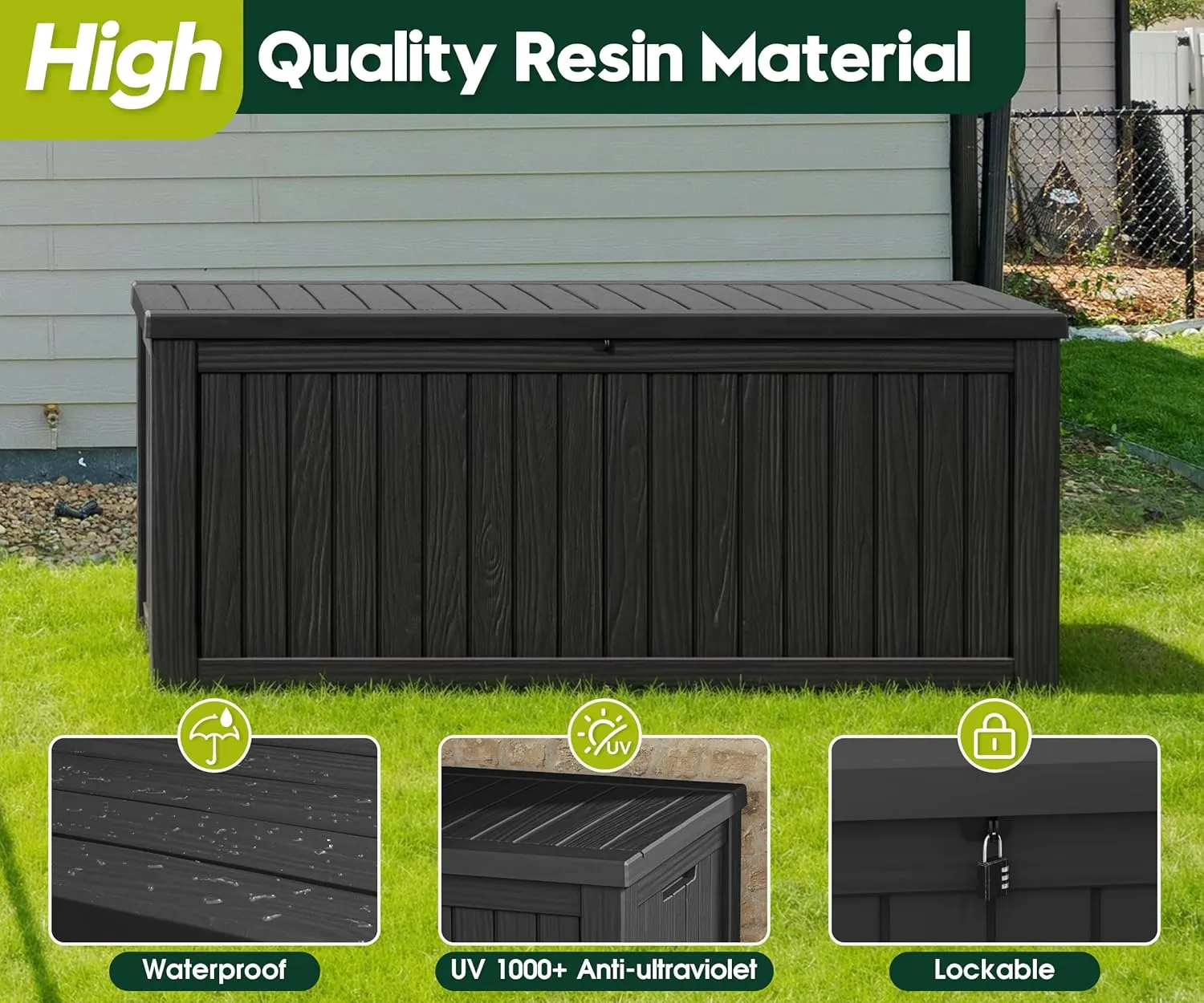 KAMABOKO Outdoor Storage Box, 150 Gallon Large Outdoor Resin Deck Box, Storage Waterproof Boxes Lockable Lid for Garden Tools, Pool Supplies, Patio Furniture and Cushions, Black