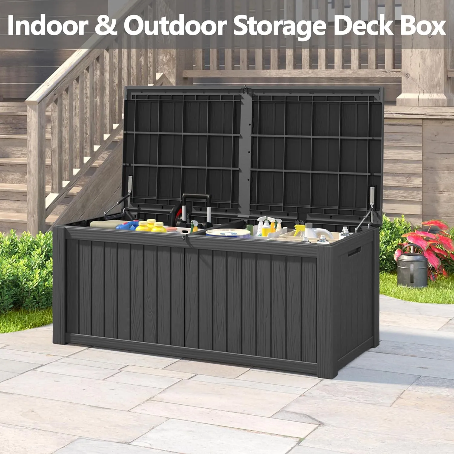 KAMABOKO Outdoor Storage Box, 150 Gallon Large Outdoor Resin Deck Box, Storage Waterproof Boxes Lockable Lid for Garden Tools, Pool Supplies, Patio Furniture and Cushions, Black
