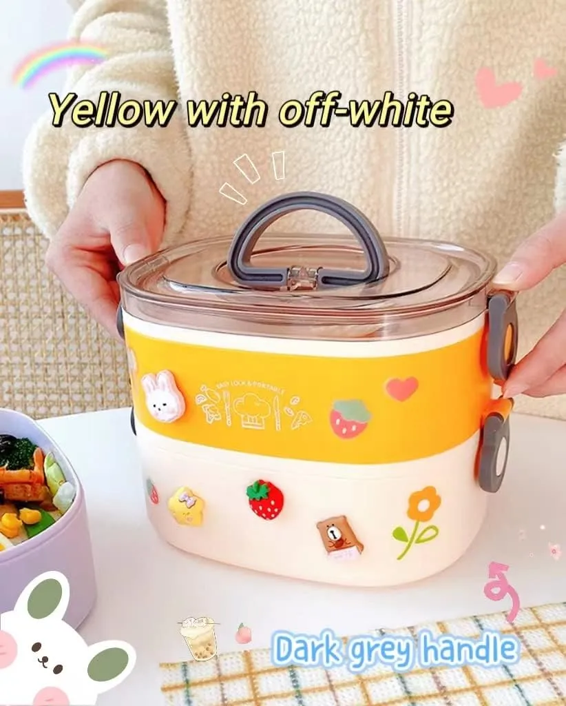 Kawaii Bento Box Bento Lunch Box with Lunch Bag,Tableware,Biscuit bags,2 Layers Stacked Leakproof Cute Lunch Box,for Travel,Office,Gym. (Yellow)