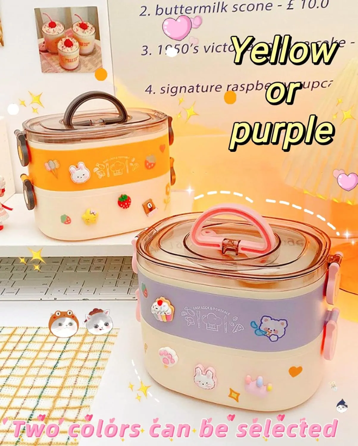 Kawaii Bento Box Bento Lunch Box with Lunch Bag,Tableware,Biscuit bags,2 Layers Stacked Leakproof Cute Lunch Box,for Travel,Office,Gym. (Yellow)