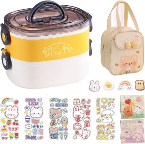 Kawaii Bento Box Bento Lunch Box with Lunch Bag,Tableware,Biscuit bags,2 Layers Stacked Leakproof Cute Lunch Box,for Travel,Office,Gym. (Yellow)