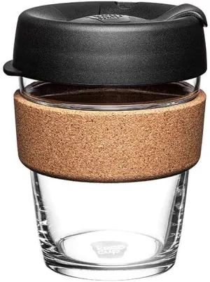 KeepCup Brew Cork - Reusable Coffee Cup Tempered Glass and Natural Cork, M 12oz/340ml - Black