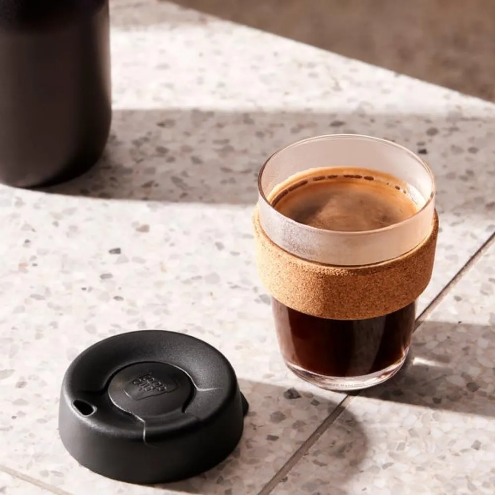 KeepCup Brew Cork - Reusable Coffee Cup Tempered Glass and Natural Cork, M 12oz/340ml - Black