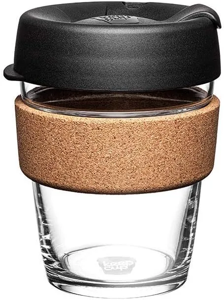 KeepCup Brew Cork - Reusable Coffee Cup Tempered Glass and Natural Cork, M 12oz/340ml - Black