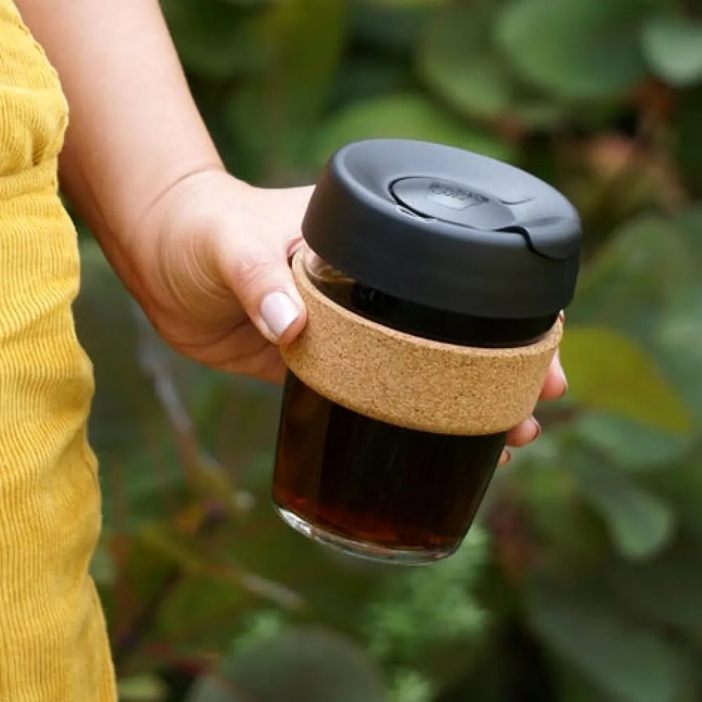 KeepCup Brew Cork - Reusable Coffee Cup Tempered Glass and Natural Cork, M 12oz/340ml - Black