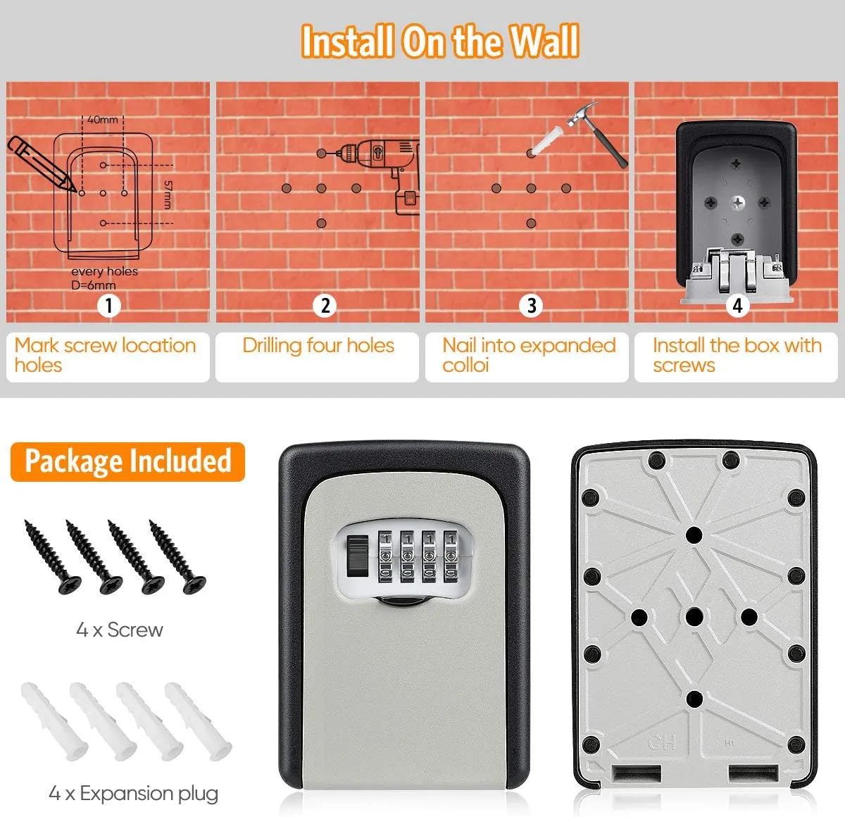Key Lock Box Wall Mounted, Fayleeko 4 Digit Combination Lockbox for Outside, House Keys - 5 Keys Capacity, Key Safe Security Storage Lock Box for Indoor, Outdoor, Garage, Garden, Store (Grey, 4Pack)