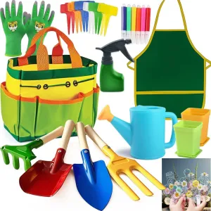 Kids Garden Tools Set Includes Rake, Shovel, Trowel, Apron Gloves Watering Can and Tote Bag, Children Hat, Spray Bottle, Toddler Gardening Tools Best Outdoor Toys Gift for Boys and Girls