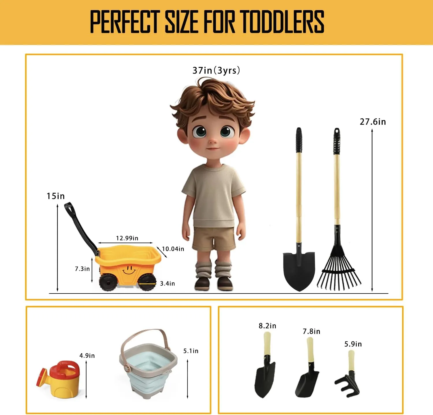 Kids Gardening Tools Set, 8 Pieces, Wagon with Beach and Garden Tools, Shovel, Rake, Outdoor Toys for Kids 3-4 Years Old