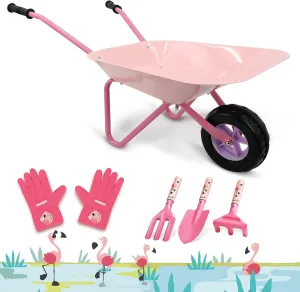 Kids Wheelbarrow Set Metal, Child Wheel Barrel Pink Easy to Assemble and Kids Gardening Tools Kit, Garden Toys with Small Wheel Barrow, Outdoor Indoor Toys Gift for Girls