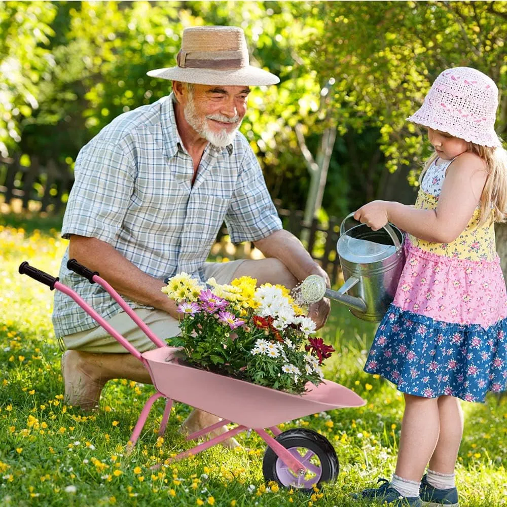Kids Wheelbarrow Set Metal, Child Wheel Barrel Pink Easy to Assemble and Kids Gardening Tools Kit, Garden Toys with Small Wheel Barrow, Outdoor Indoor Toys Gift for Girls