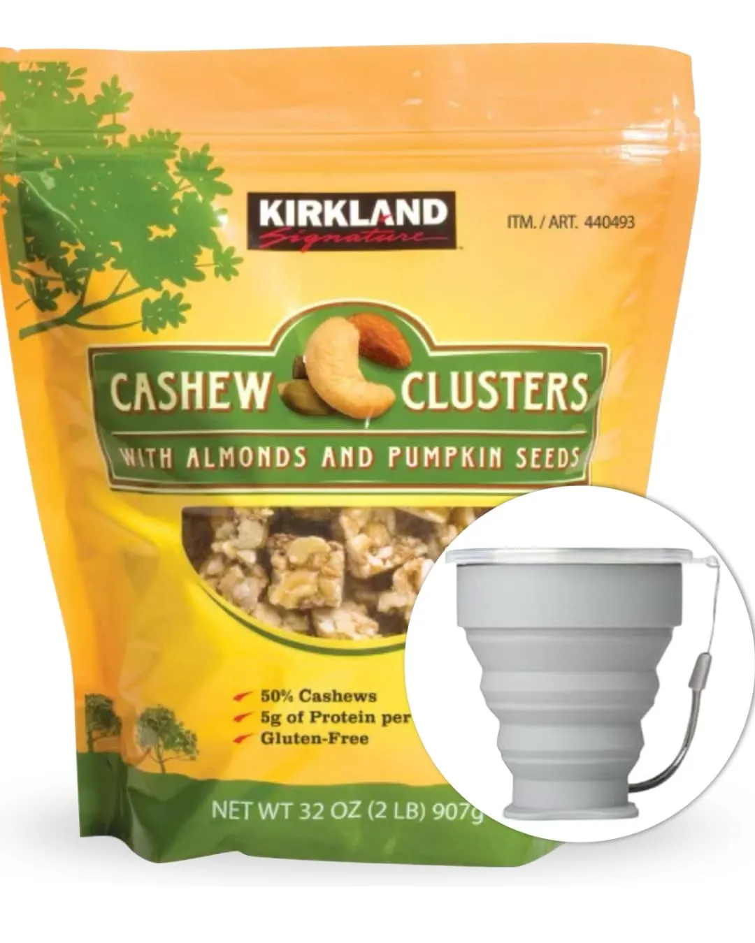 Kirkland Signature Cashew Clusters, 2 lbs Item 440493 Bundle with MORALZA Silicone Collapsible Cup 200ml - 2 Items