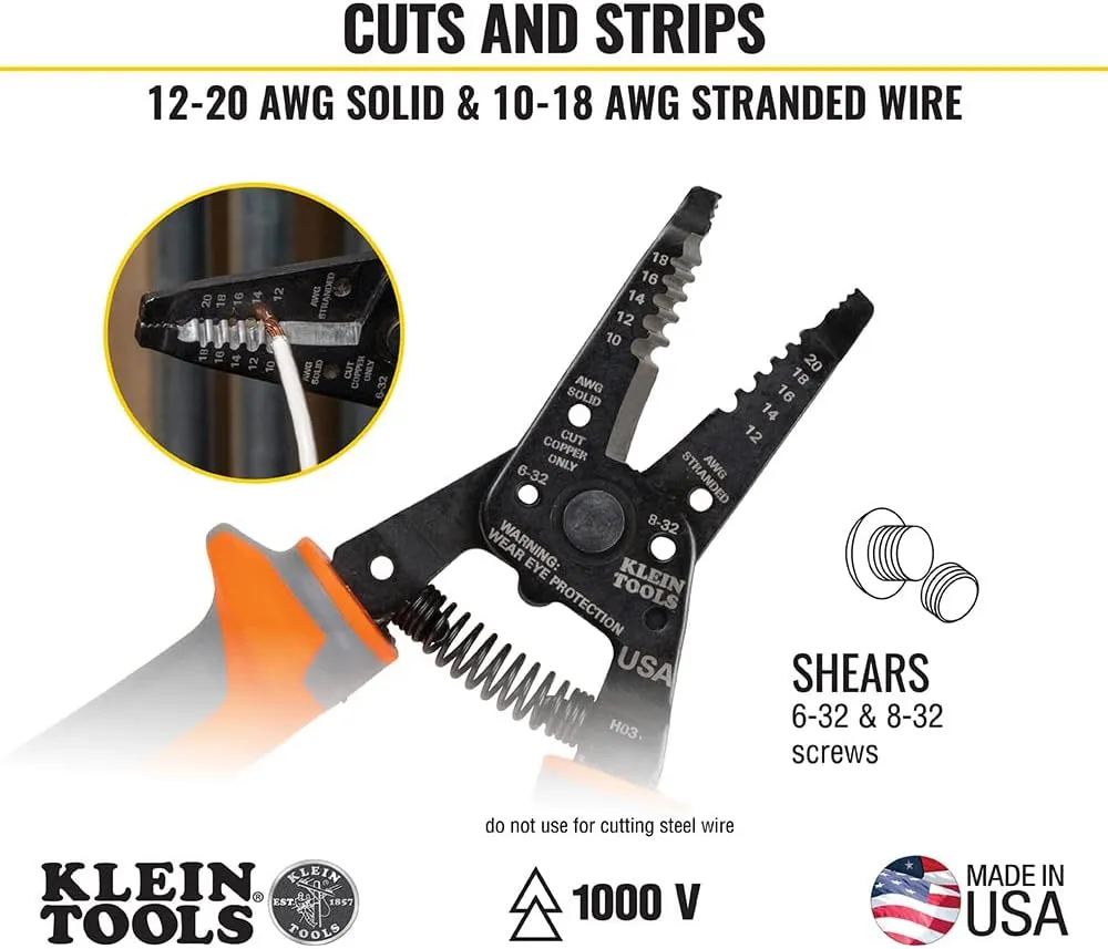 Klein Tools 11055RINS 1000V Insulated Klein Kurve Wire Stripper/Cutter, Made in USA, Cuts and Strips 10-18 Solid and 12-20 Stranded AWG Wire