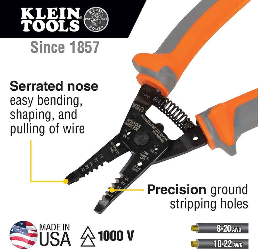 Klein Tools 11055RINS 1000V Insulated Klein Kurve Wire Stripper/Cutter, Made in USA, Cuts and Strips 10-18 Solid and 12-20 Stranded AWG Wire