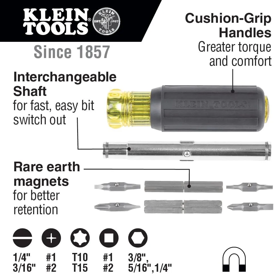 Klein Tools 32500MAG Magnetic Multi-Bit Screwdriver / Nut Driver, 11-in-1 Multi Tool with 8 Bits, 3 Nut Driver Sizes, Cushion Grip Handle